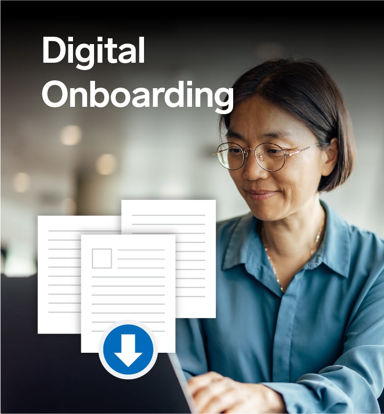 Digital Onboarding: woman downloading documents at laptop