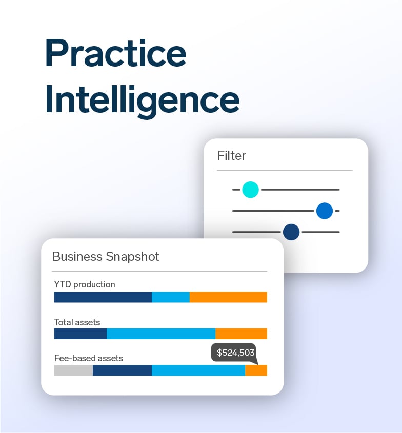 Practice Intelligence: graphs showing business assets snapshot and filter
