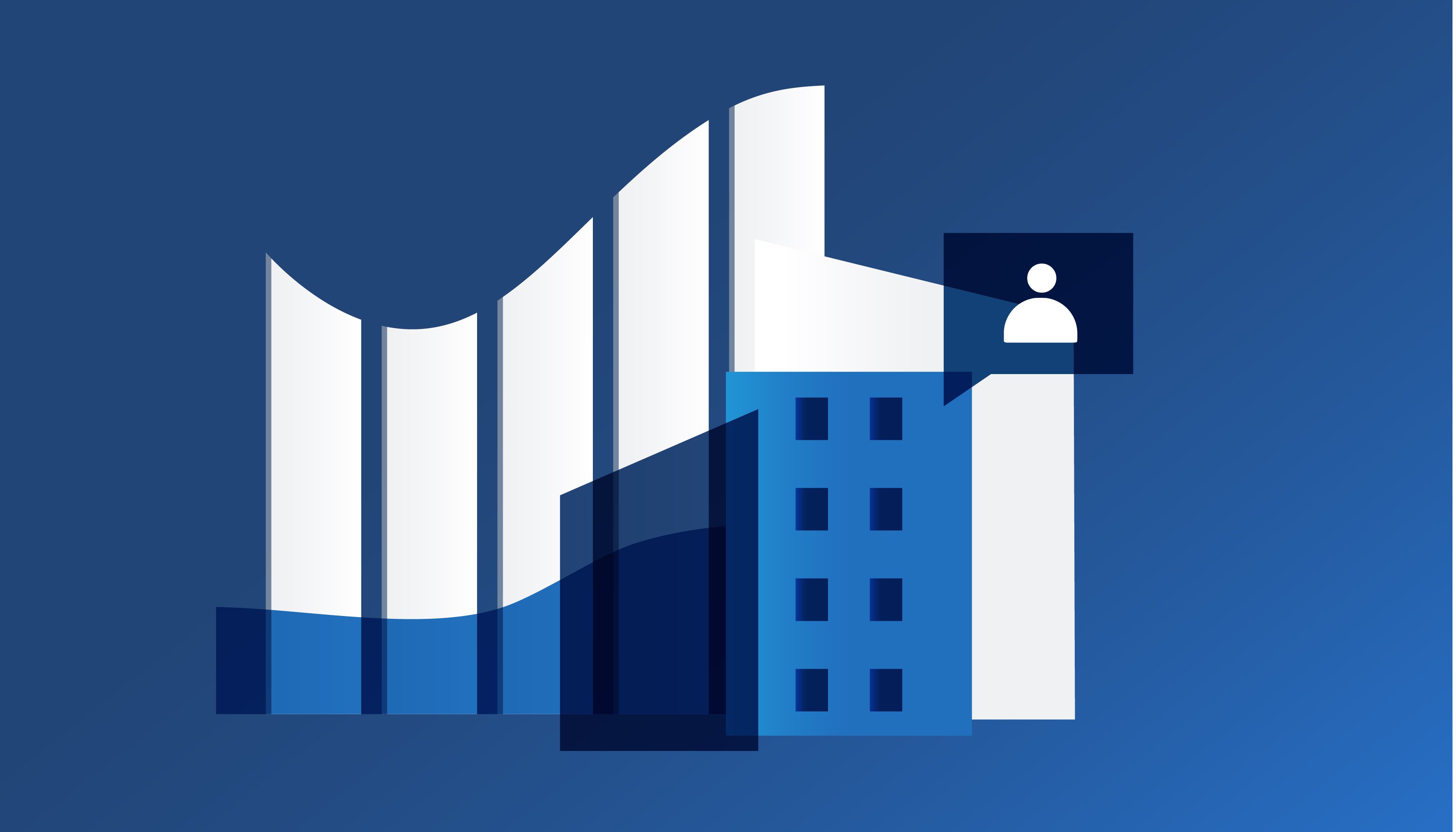 Two blue buildings and an icon of a person in front of a bar chart graphic representing growth from left to right.