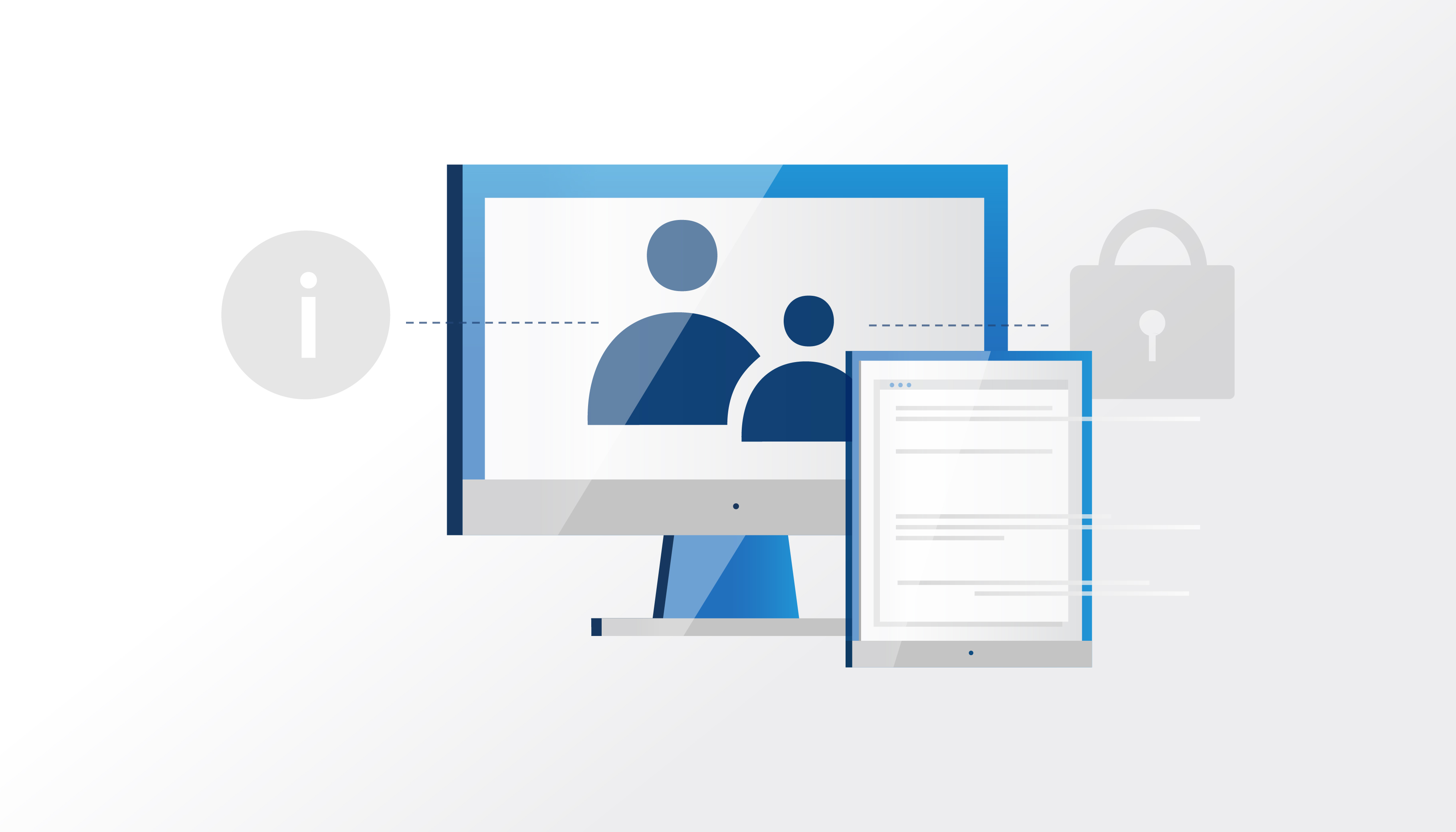 An illustration of a computer monitor and tablet with an information icon at left and a padlock at right.