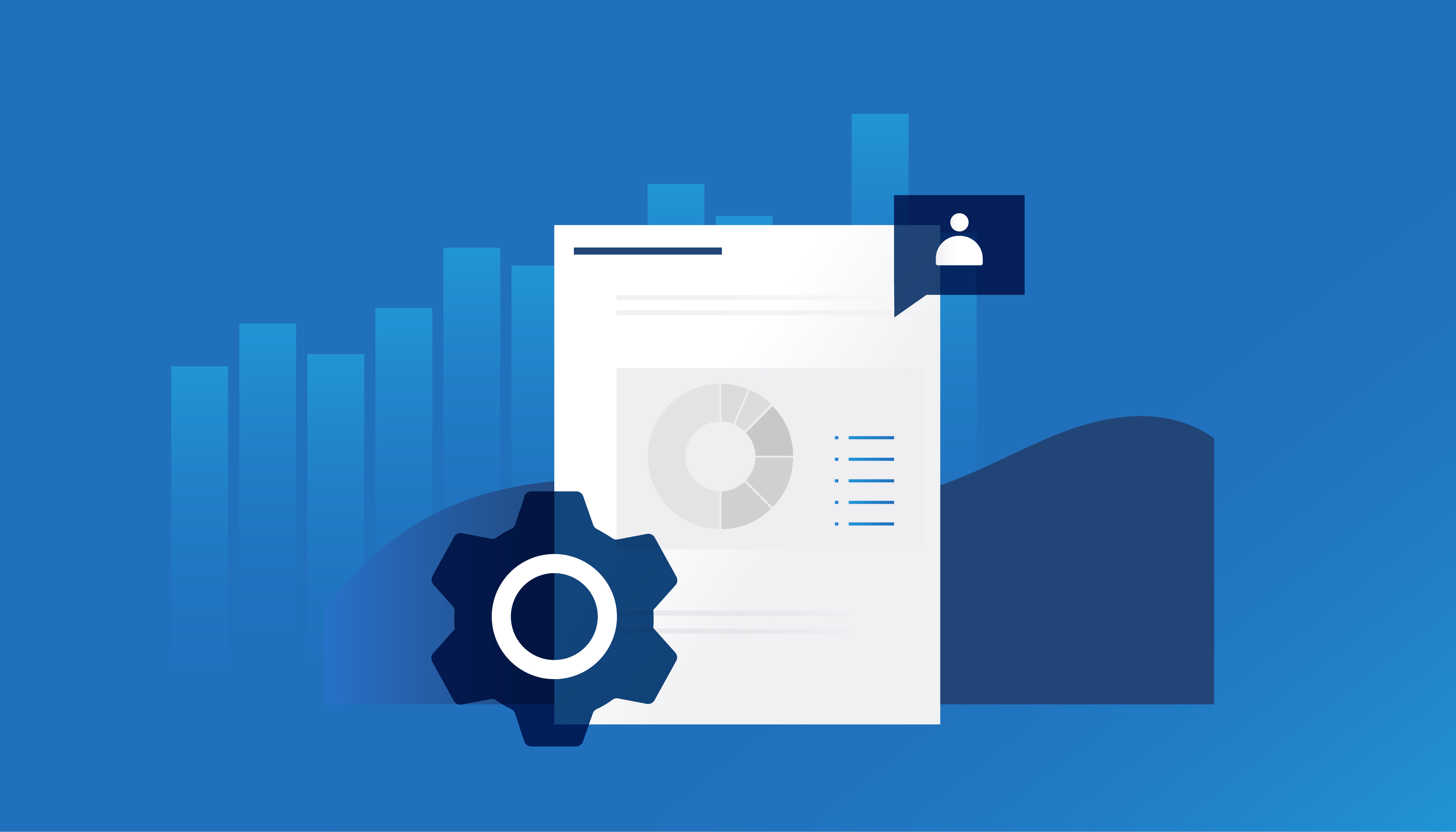 An illustrated financial report on top of a bar graph with a gear icon at left and a quote bubble with a profile icon at right.