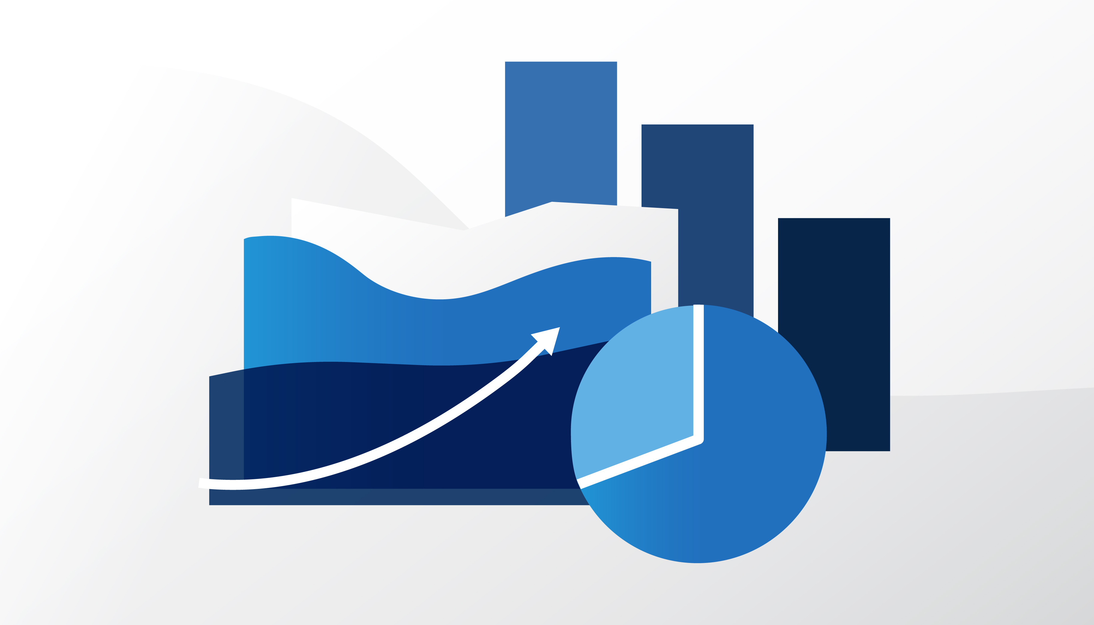 A collage with a pie chart in front, flow charts with an upward arrow at left, and a bar chart in the background.