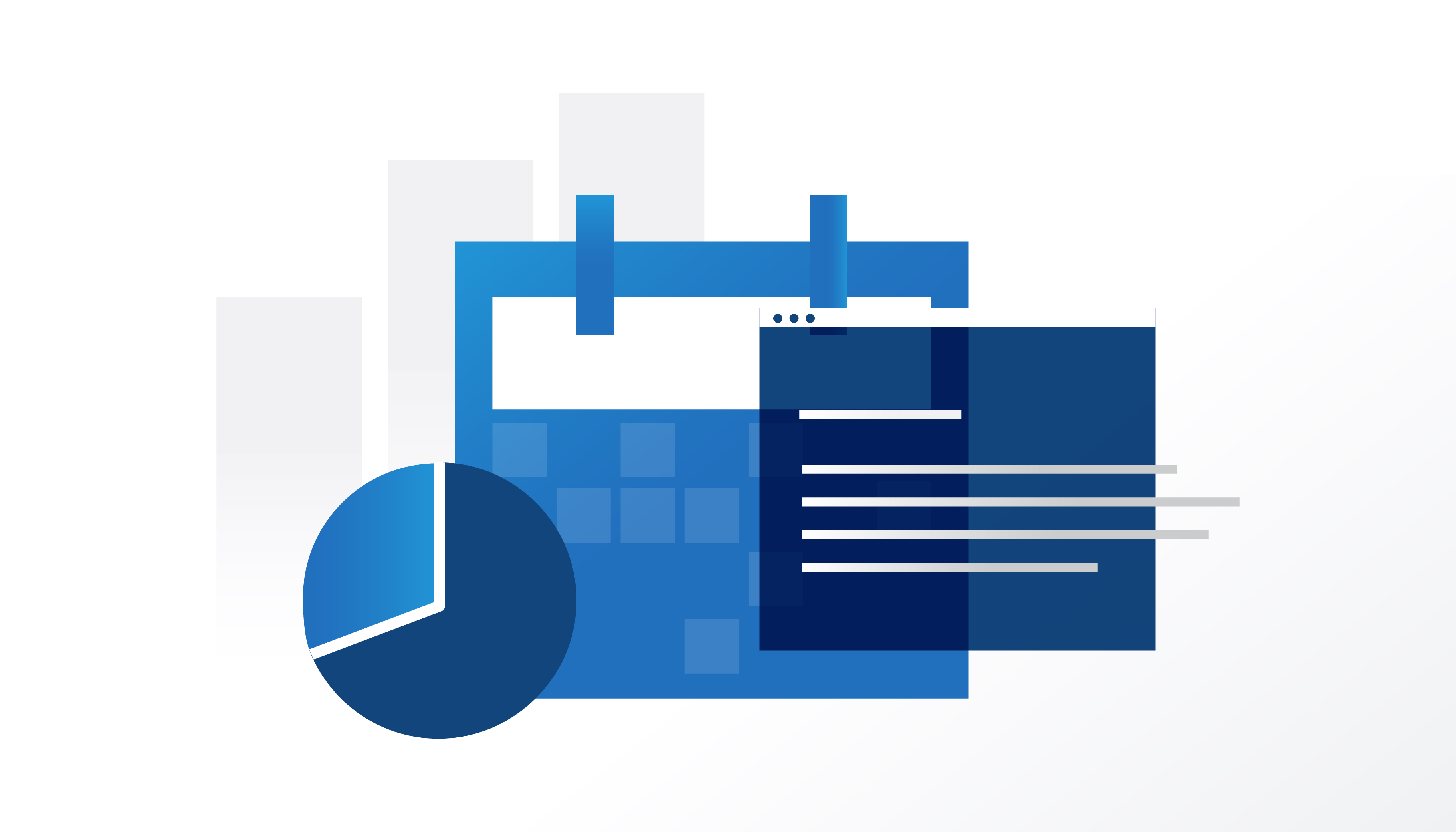 An illustration with a pie chart, calendar, and web page in the forefront with a gray bar chart in the background.