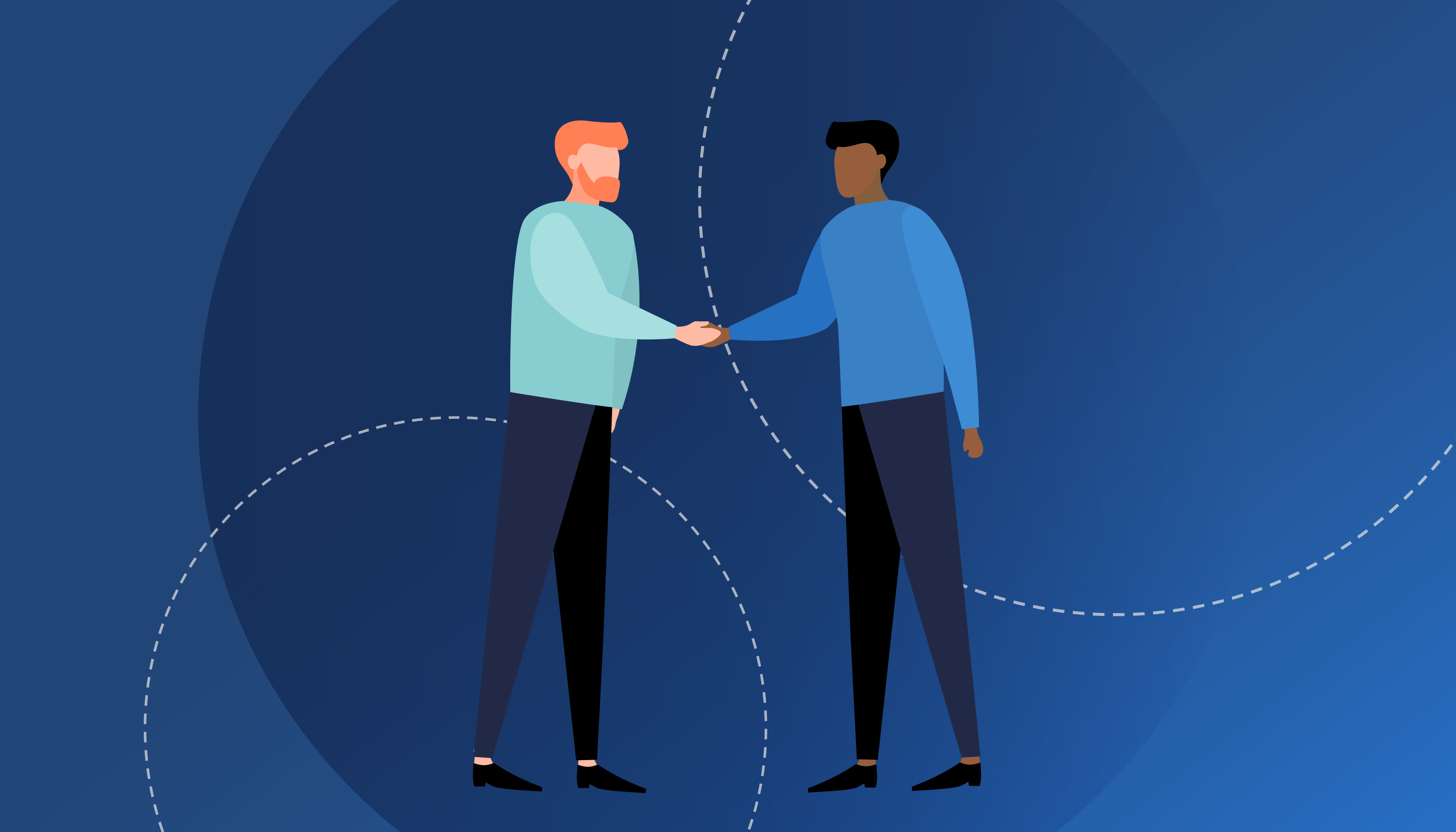 An illustration of two people shaking hands with illustrated white and blue circles in the background.