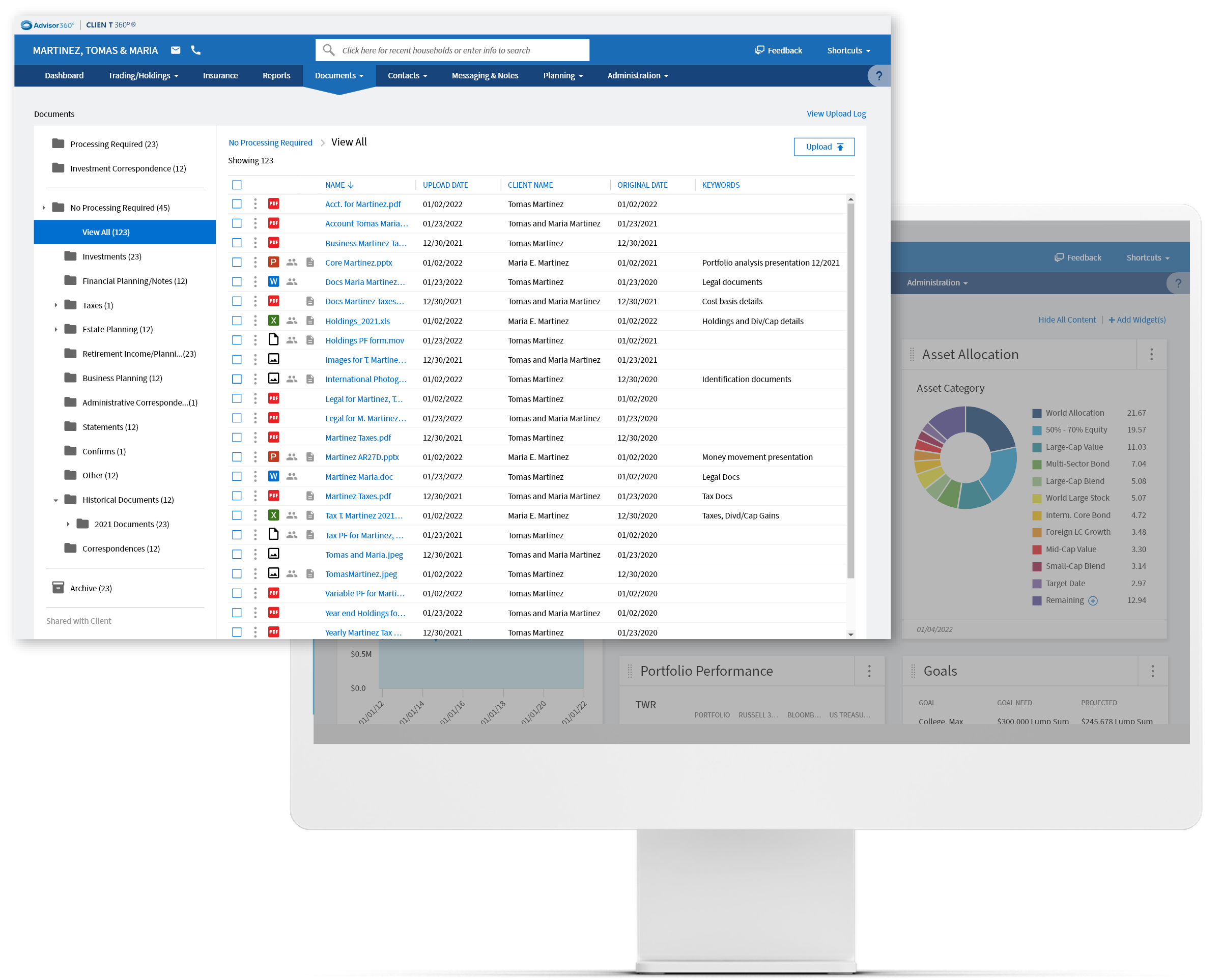 Screenshot of Client360 dashboard and documents. Screenshot of Client360 dashboard and documents.